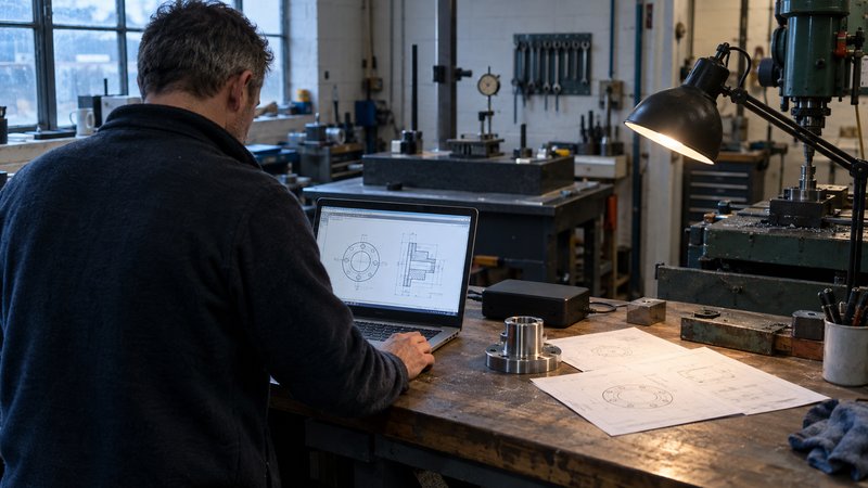 Early morning inside a small British engineering workshop, an IT technician seen from behind checks a recovered technical drawing on a laptop beside a working inspection bench. Printed component drawi