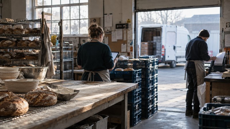 An early-morning scene inside a small British wholesale bakery, where an owner seen from behind checks a tablet beside stacked delivery crates while a colleague sorts dispatch slips at a loading hatch