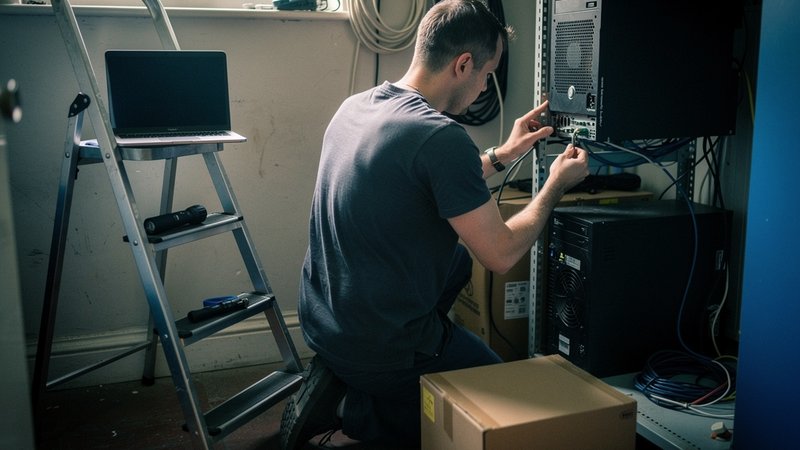 A small UK office comms cupboard, mid-morning, an IT engineer kneeling to unbolt an ageing tower server from a wall-mounted rack, a closed laptop and a torch resting on a stepladder beside them, a new