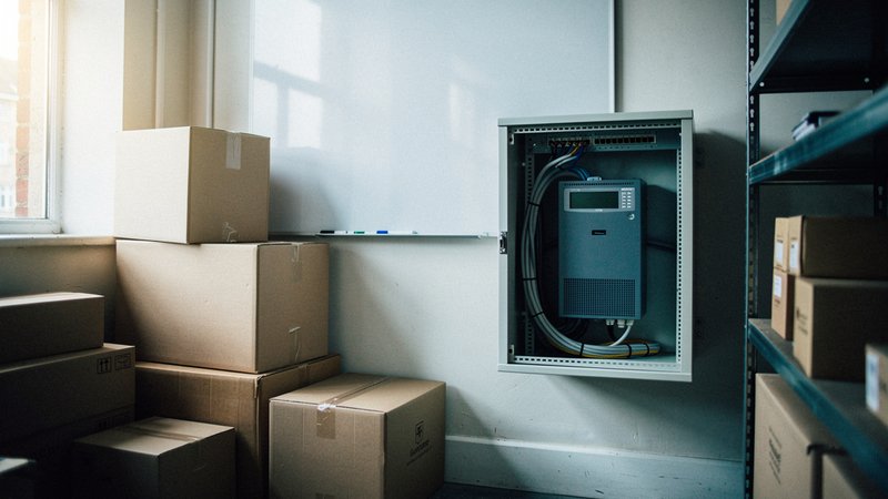 Inside a compact UK high-street shop stockroom in daylight, a small wall-mounted network cabinet with a single grey firewall appliance and a couple of Ethernet cables, a chalkboard delivery schedule t