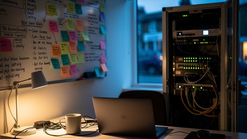 A small UK IT support office at dusk, one technician's desk with a laptop closed, a wall-mounted whiteboard covered in handwritten network notes and sticky labels, a server rack visible through an ope