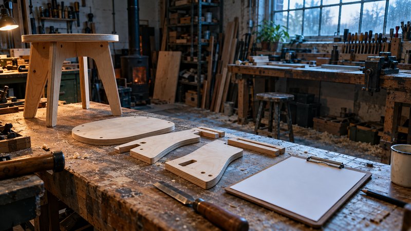 A small UK workshop interior, early morning light through a high window, a wooden workbench with hand-cut plywood components and a half-assembled wooden stool laid out in build order, a clipboard hold